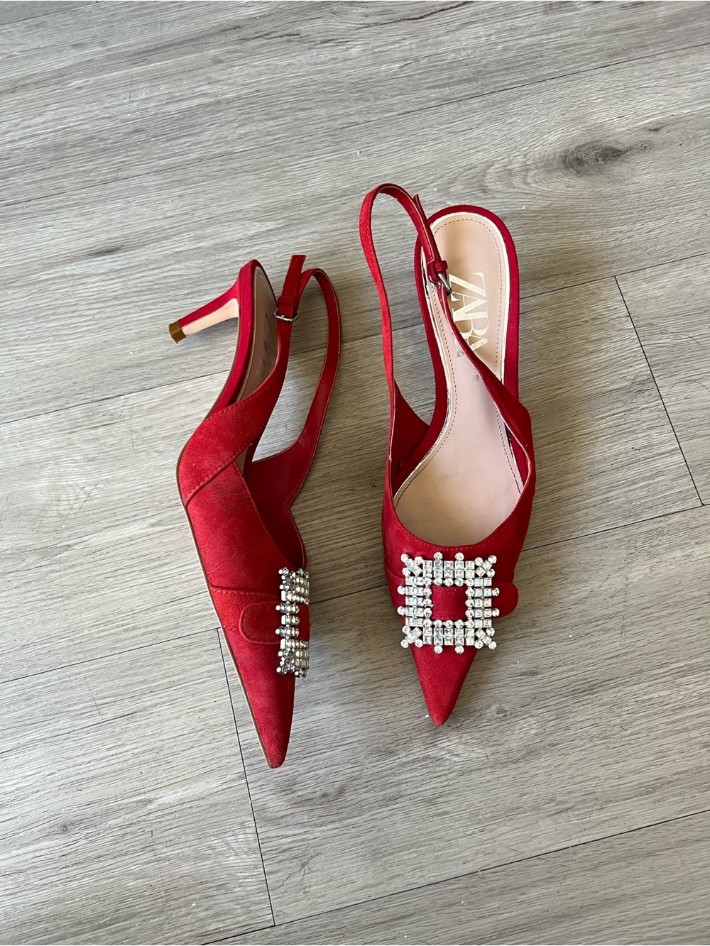 Zara Red Suede Rhinestone Buckle Pointy Toe Sling Backs Sz 38 - Picture 3 of 9